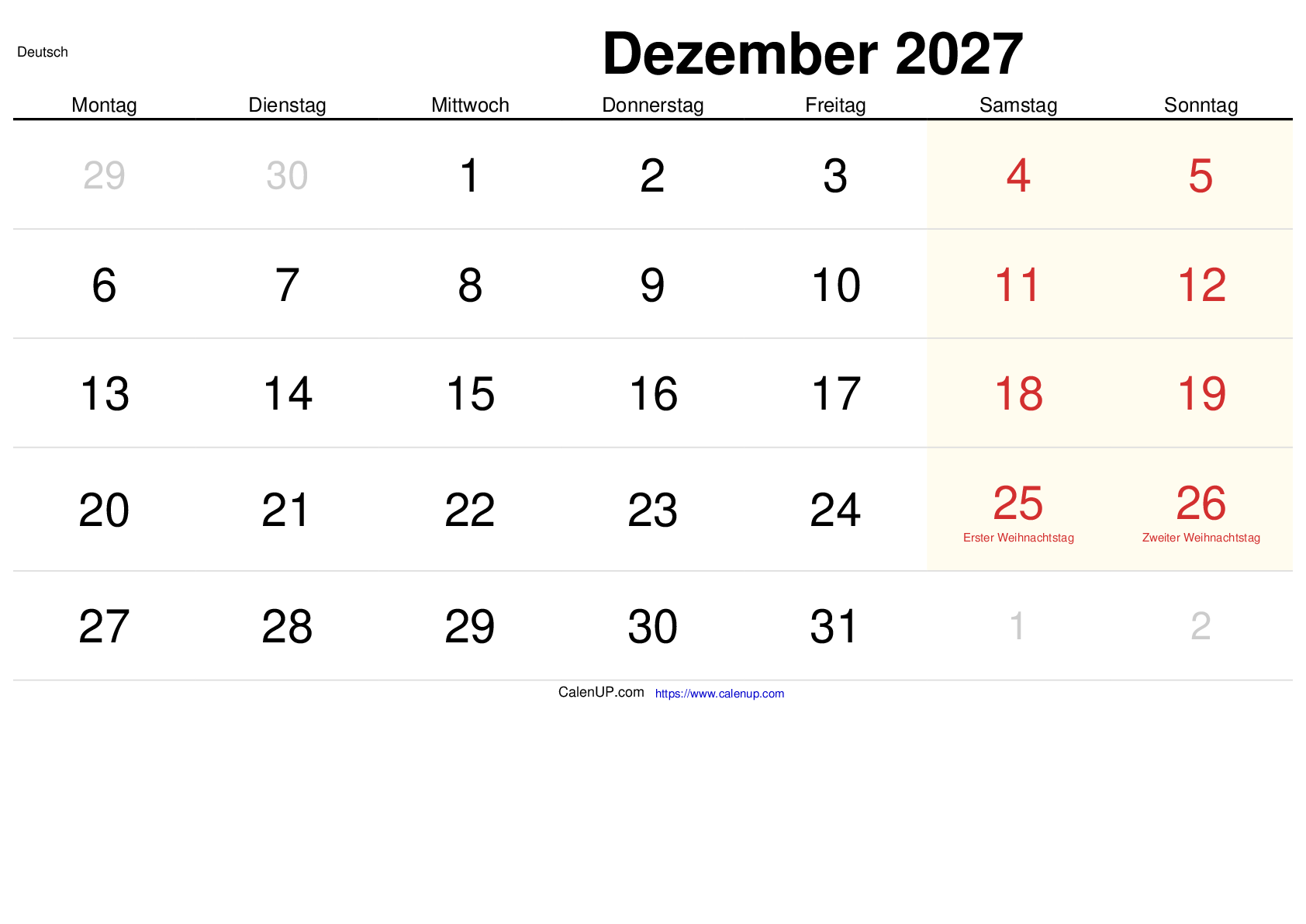 Dezember 2027 Kalender