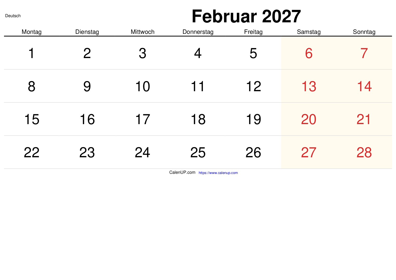 Februar 2027 Kalender