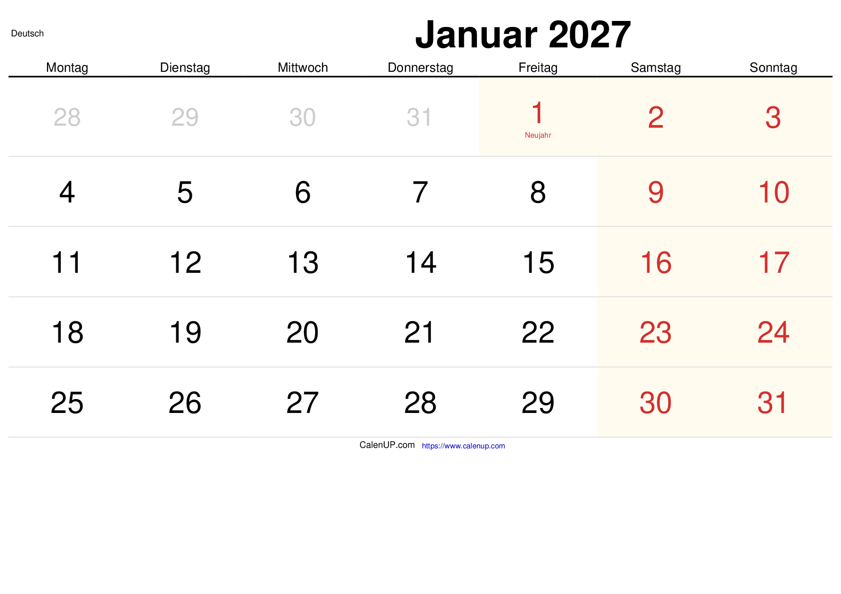 Januar 2027 Kalender