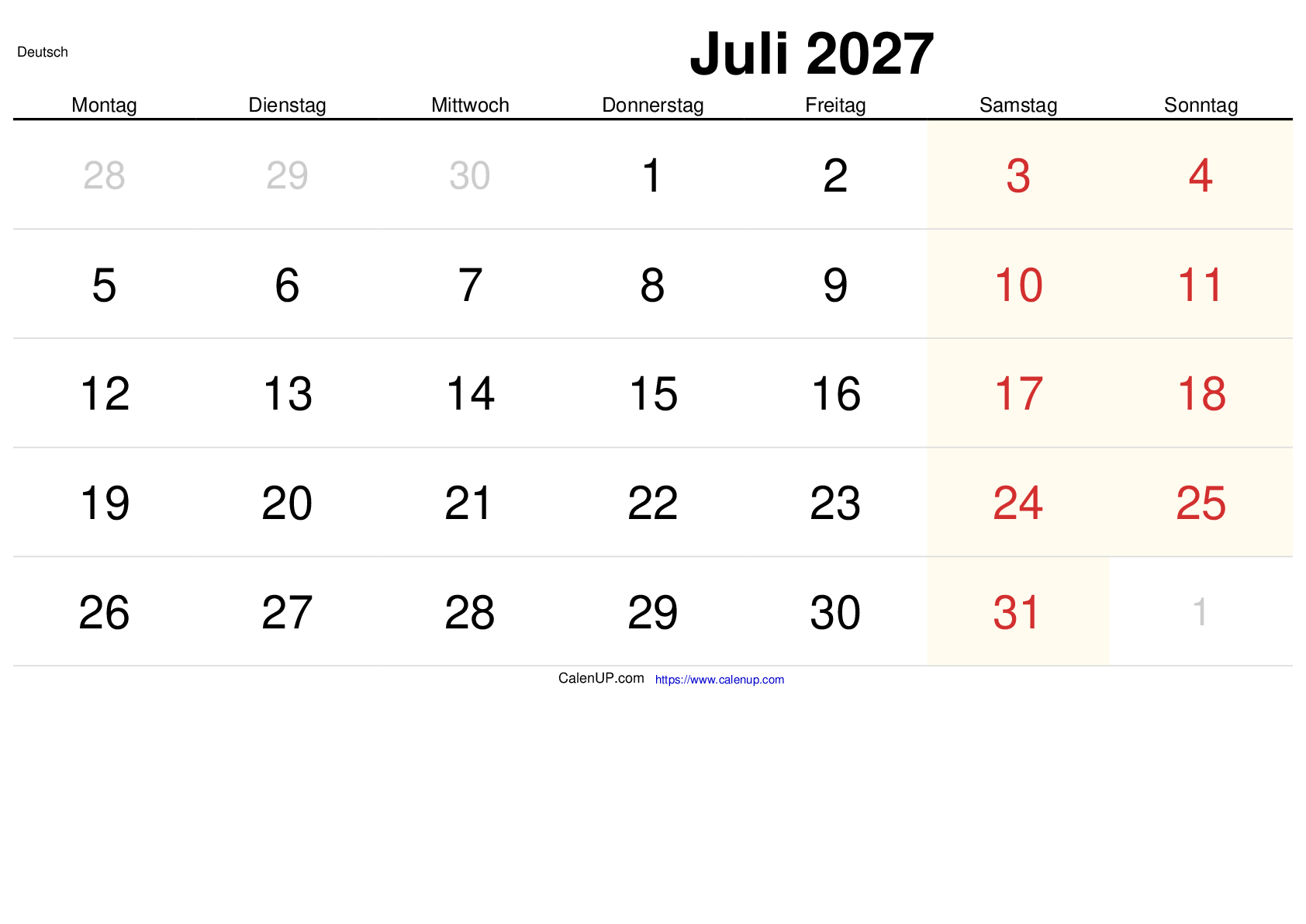 Juli 2027 Kalender