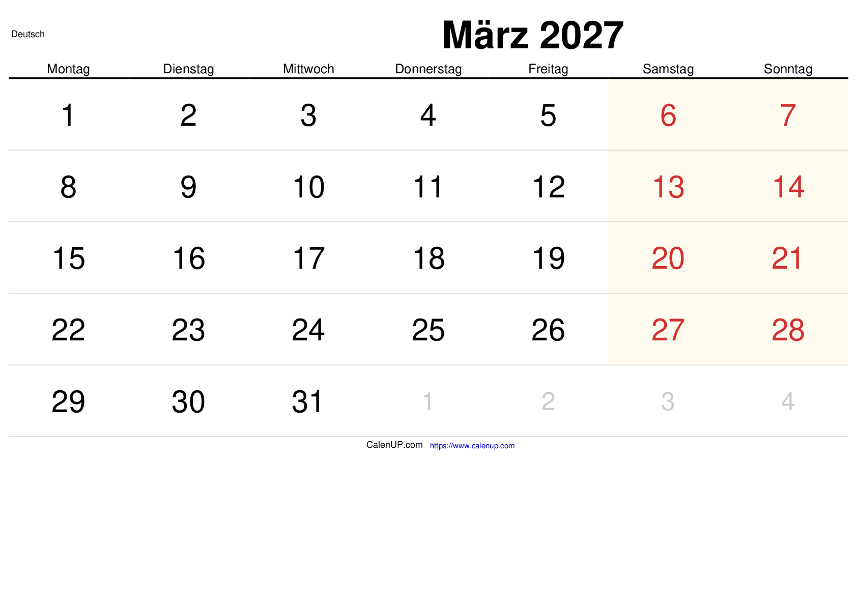 März 2027 Kalender