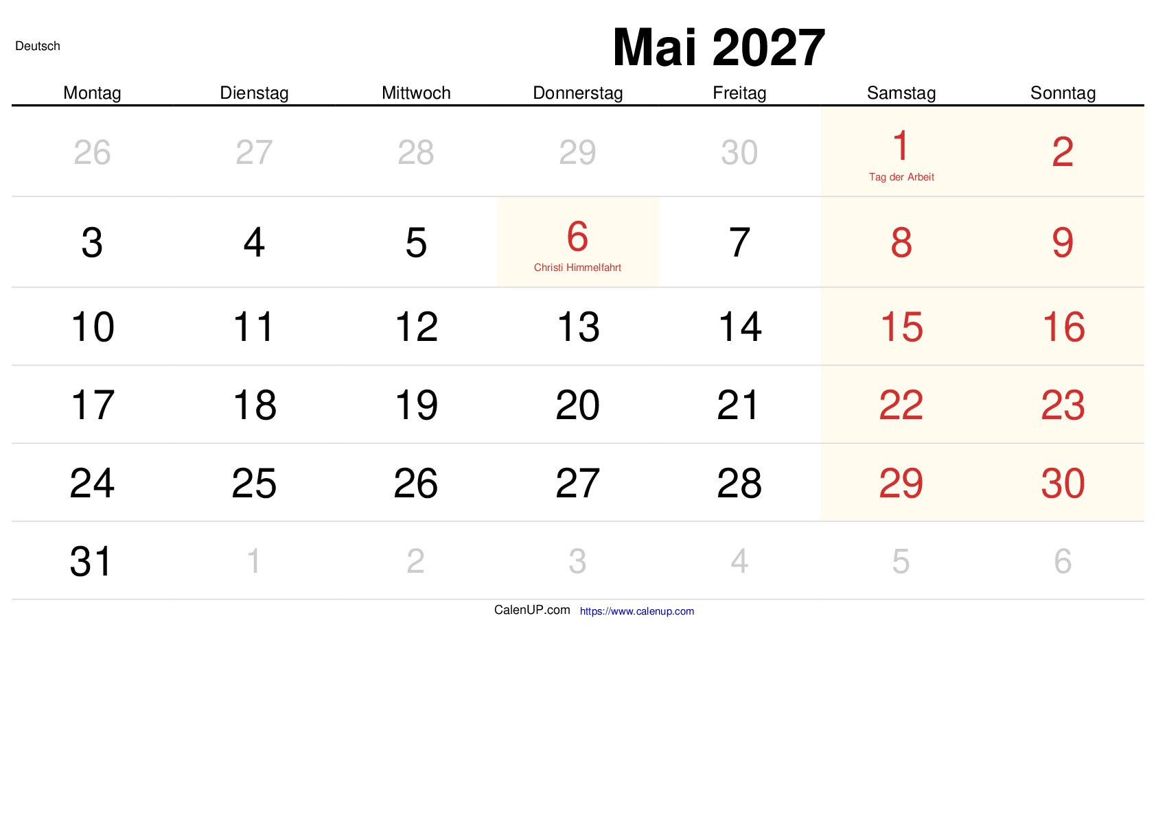 Mai 2027 Kalender