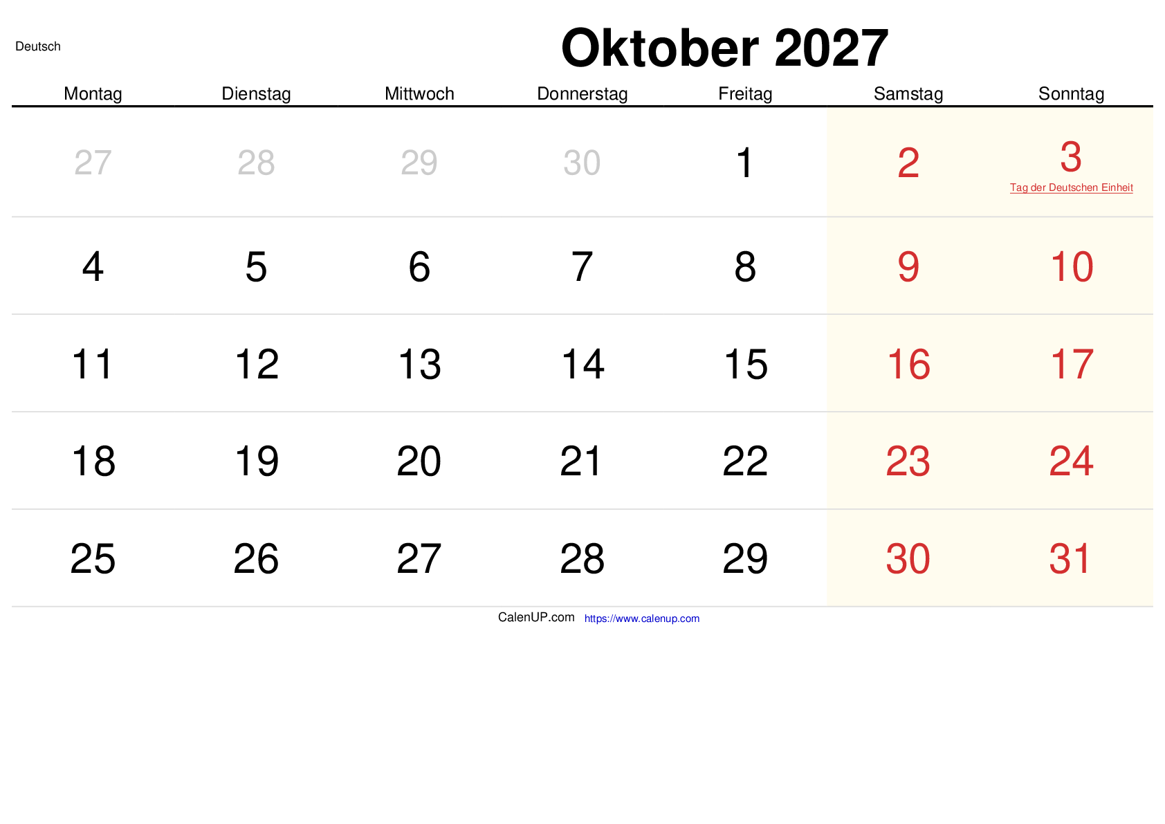 Oktober 2027 Kalender