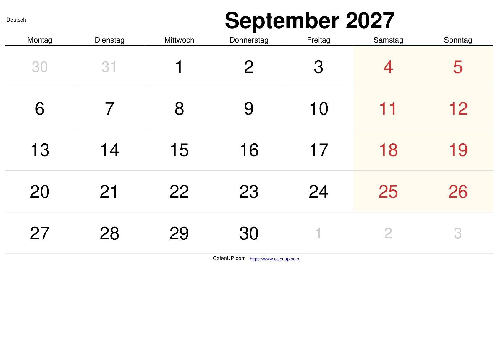 September 2027 Kalender