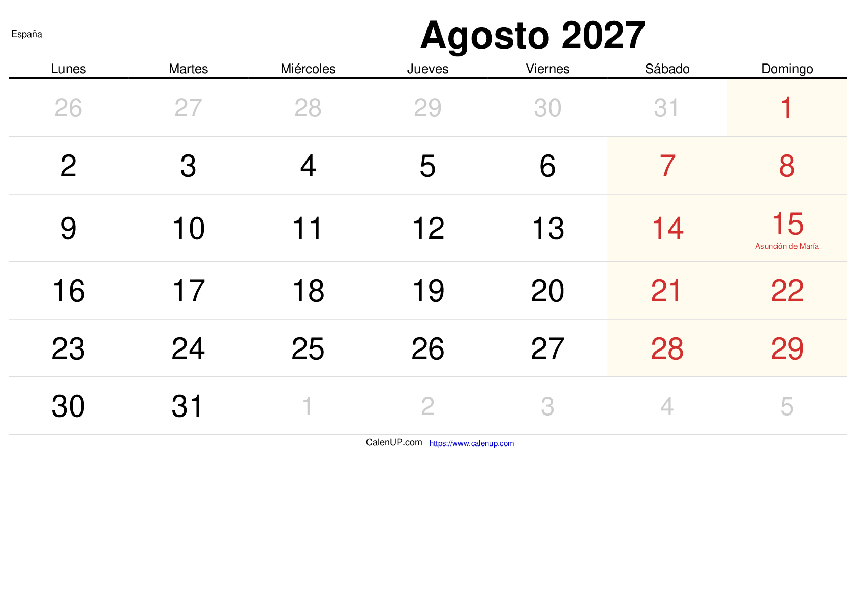 Calendrier Août 2027