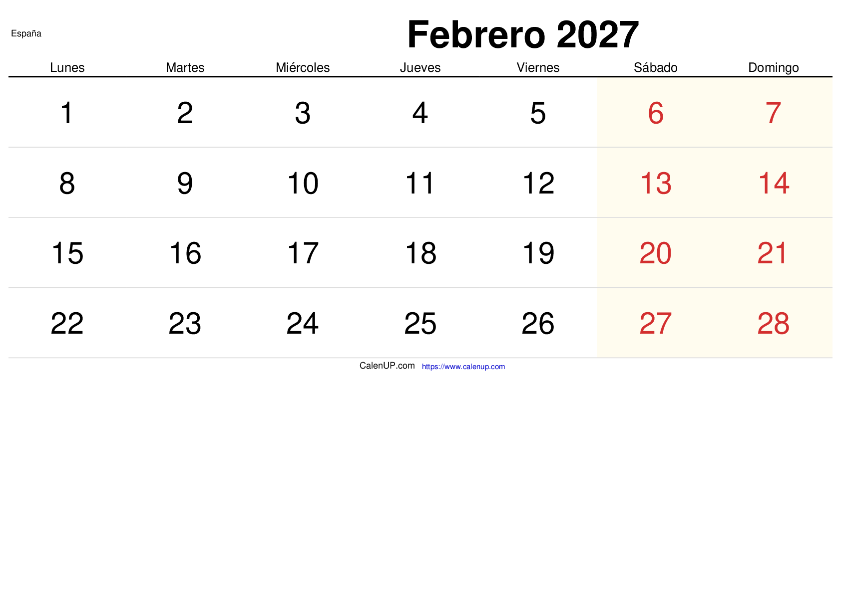 Calendrier Février 2027