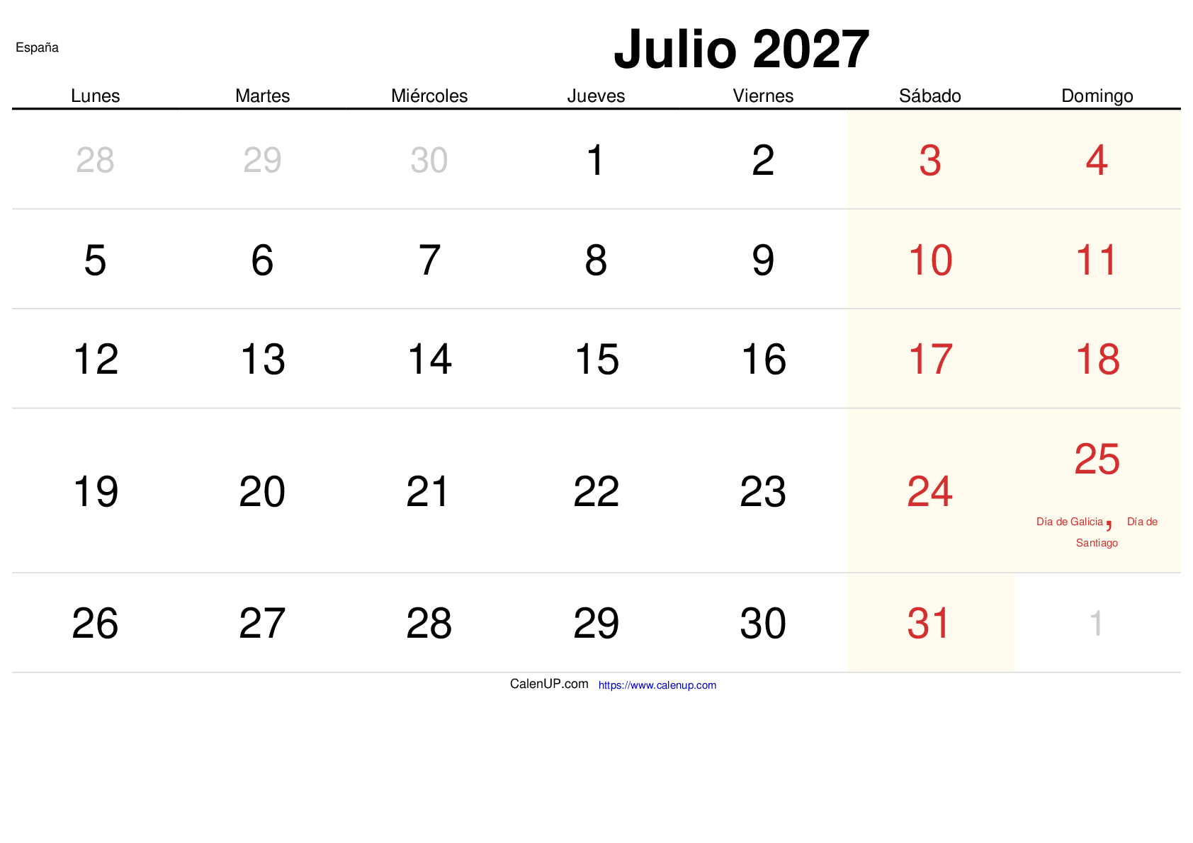 Calendrier Juillet 2027