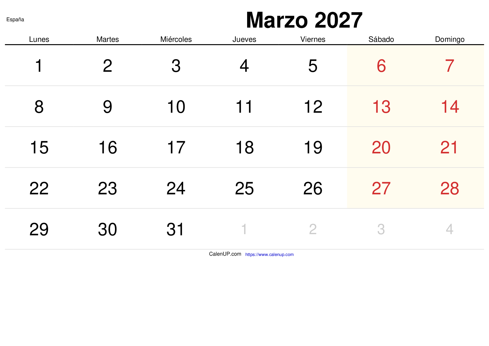 Calendrier Mars 2027