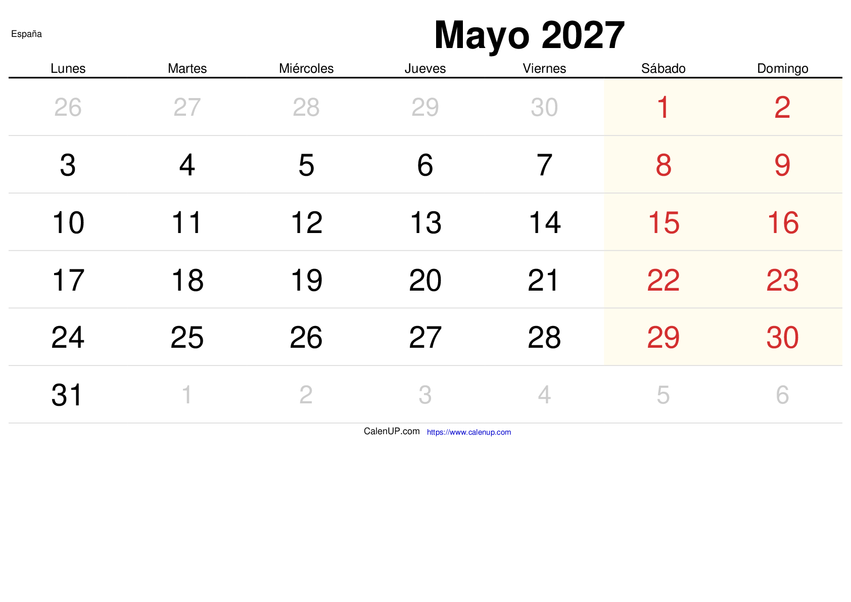 Calendrier Mai 2027