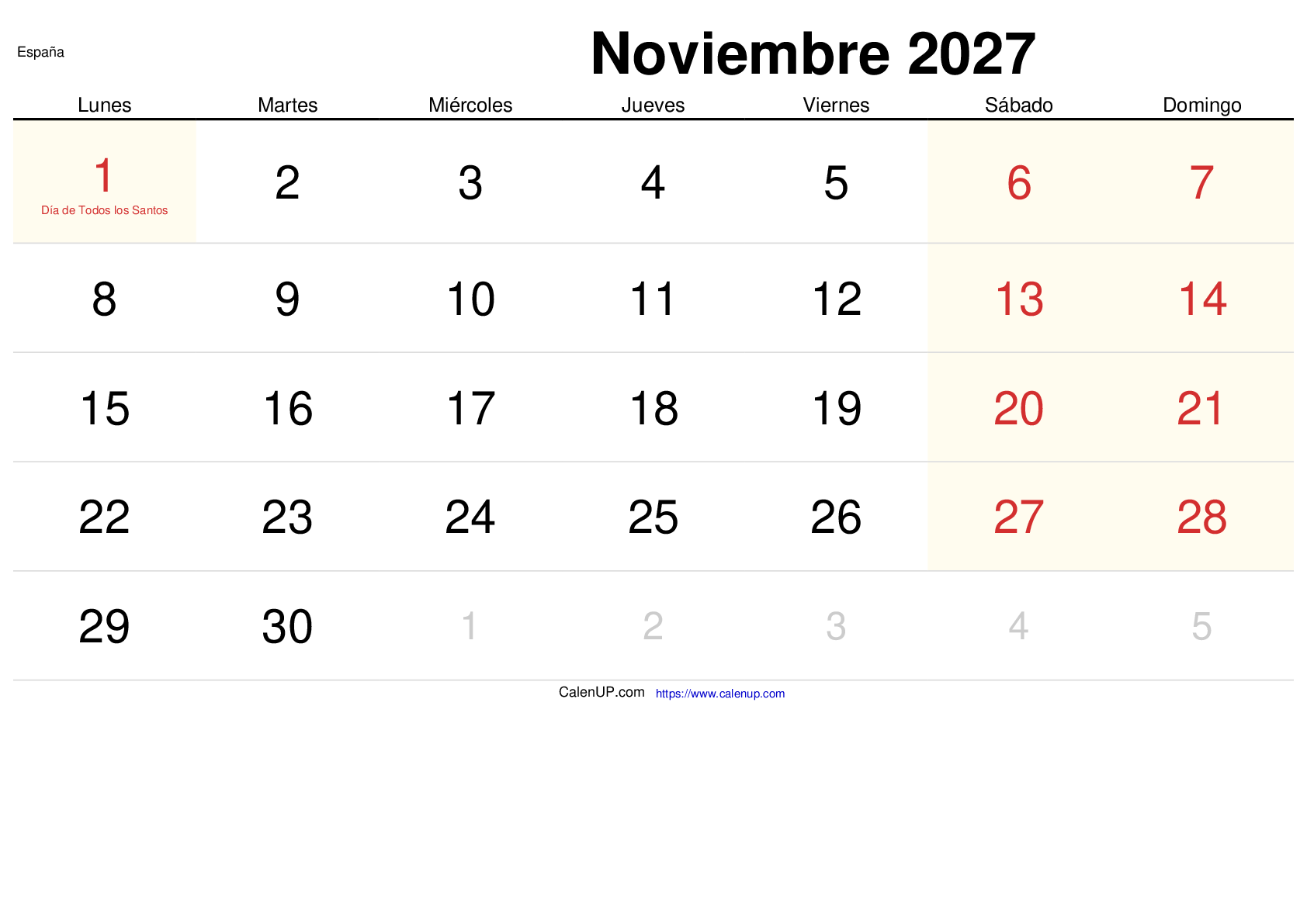 Calendrier Novembre 2027