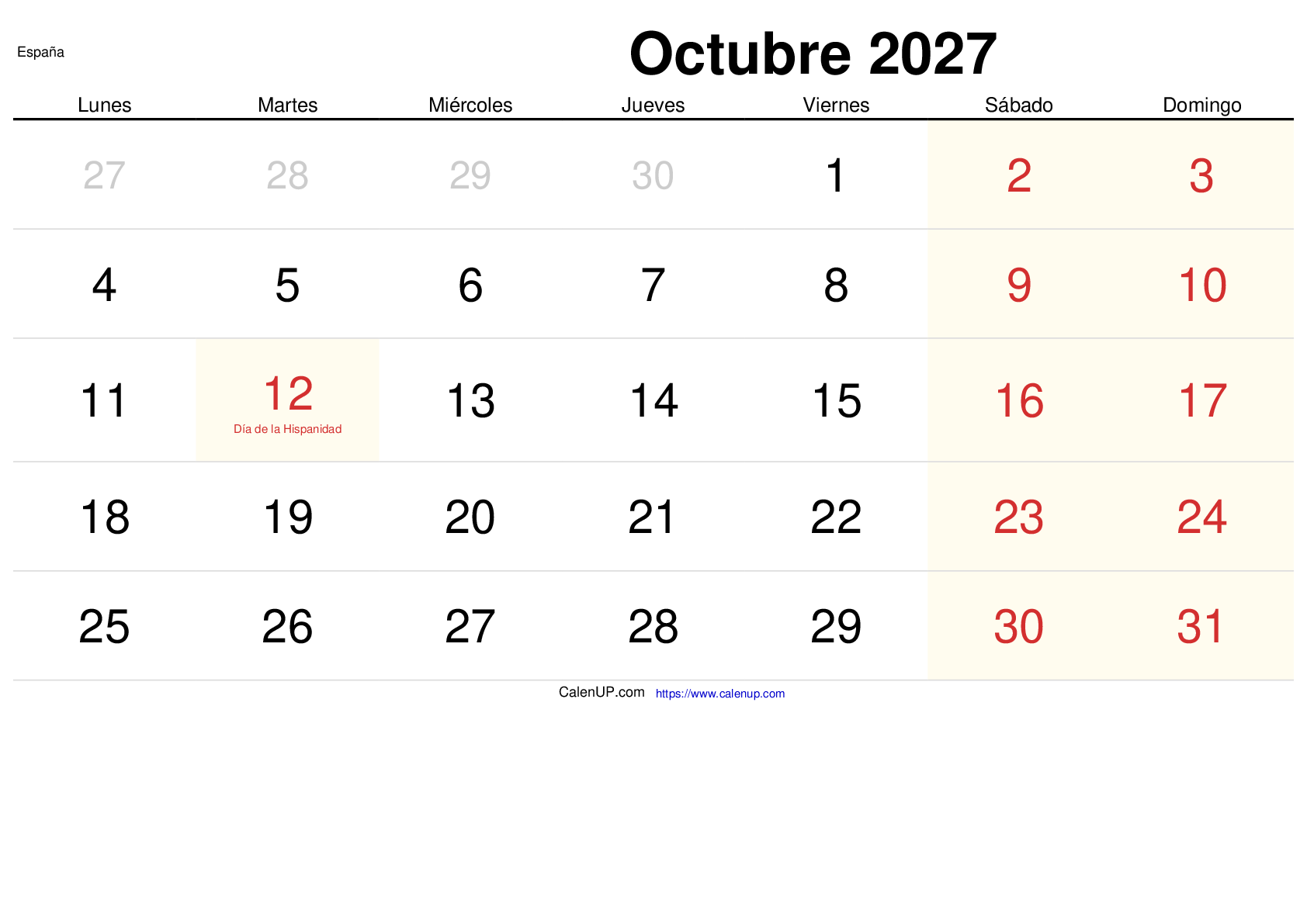 Calendrier Octobre 2027