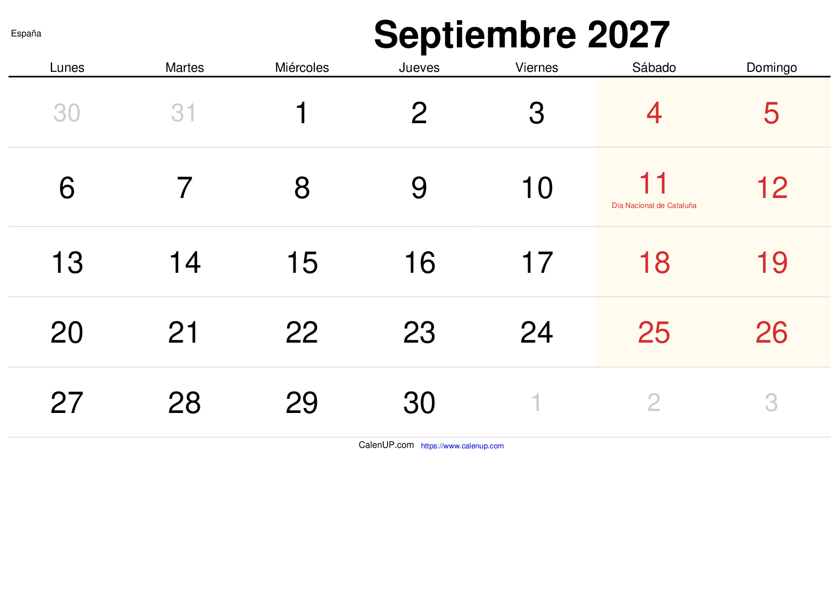 Calendrier Septembre 2027