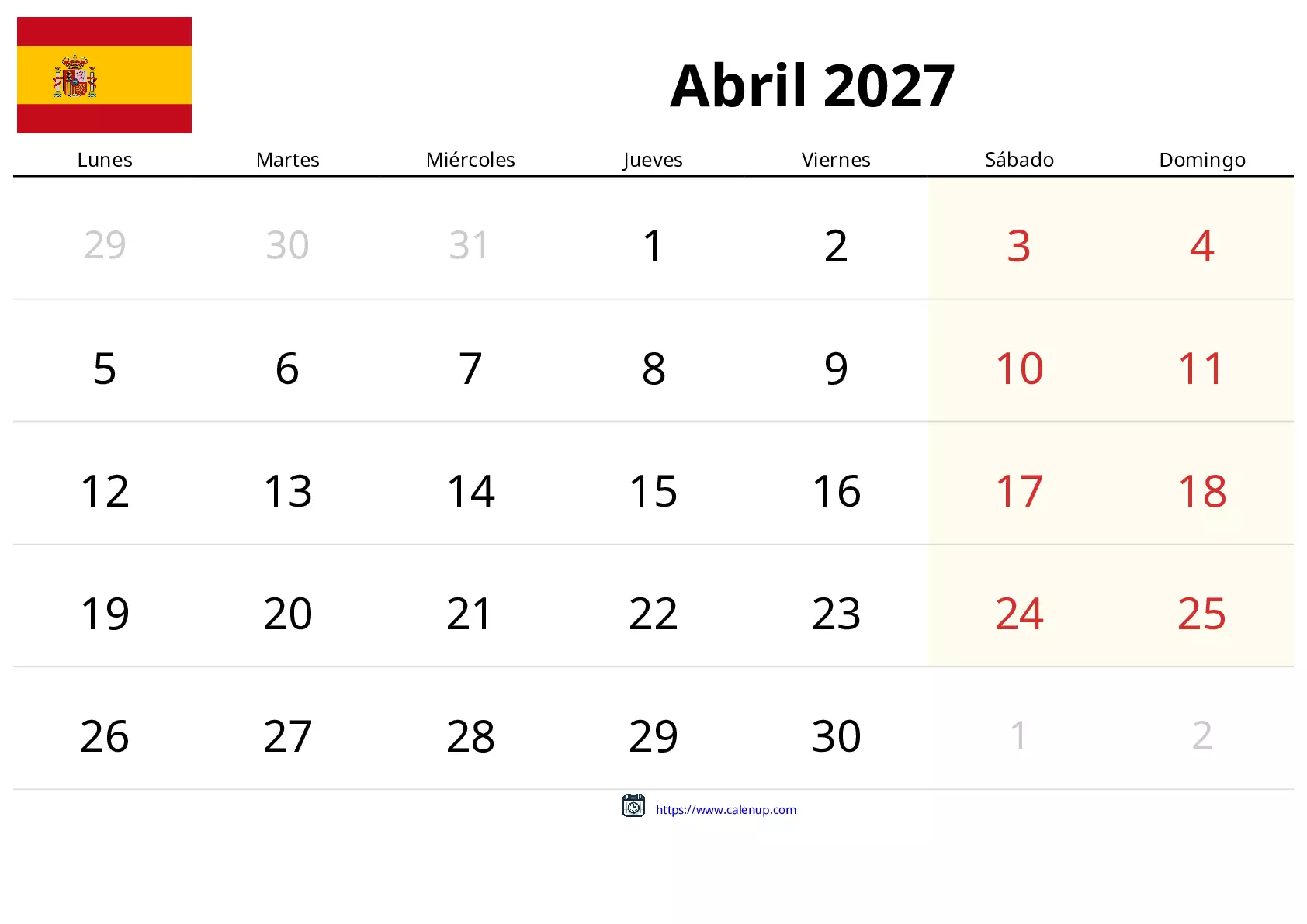 Calendario de Abril de 2027 para España - Festivos y PDF gratis para ...