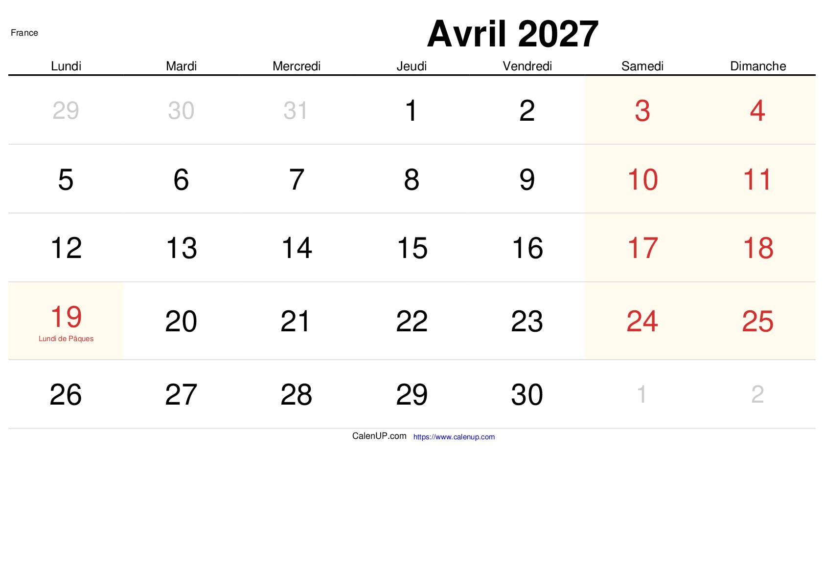 Calendrier Avril 2027