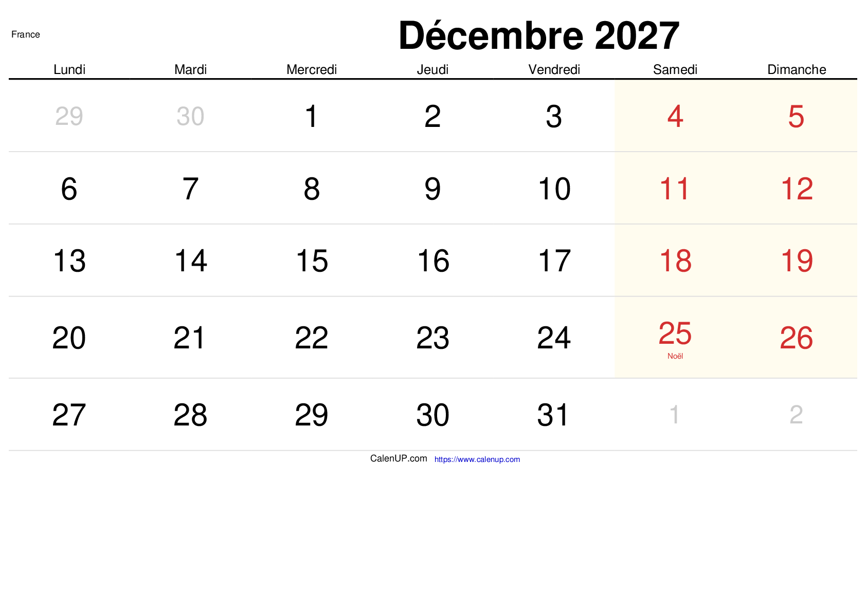 Calendrier Décembre 2027