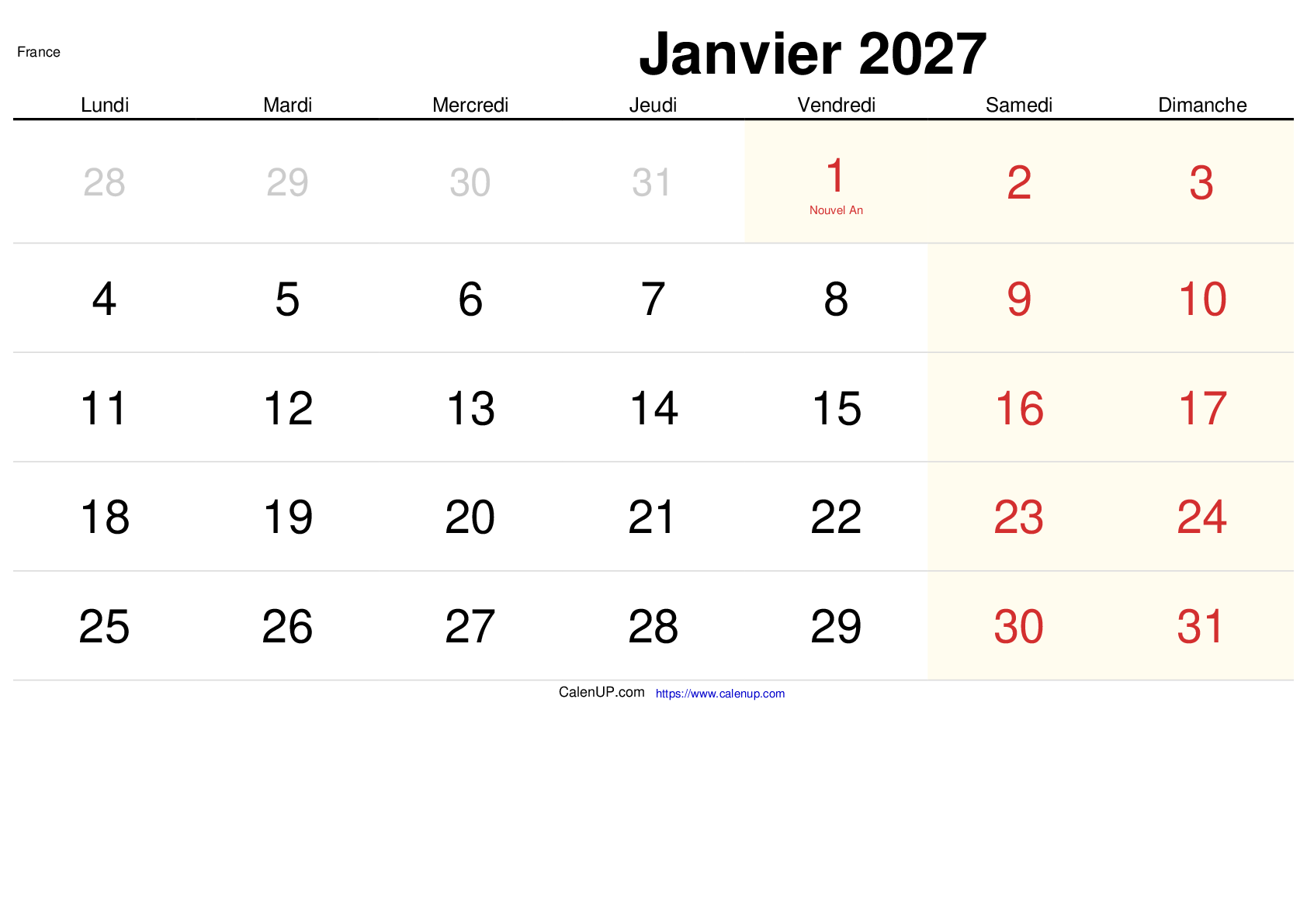 Calendrier Janvier 2027