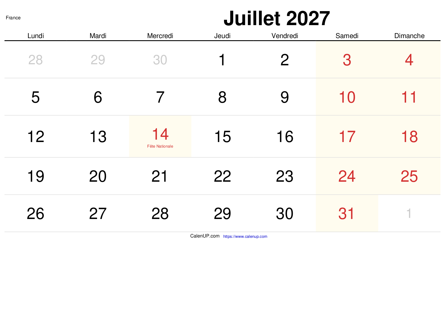 Calendrier Juillet 2027