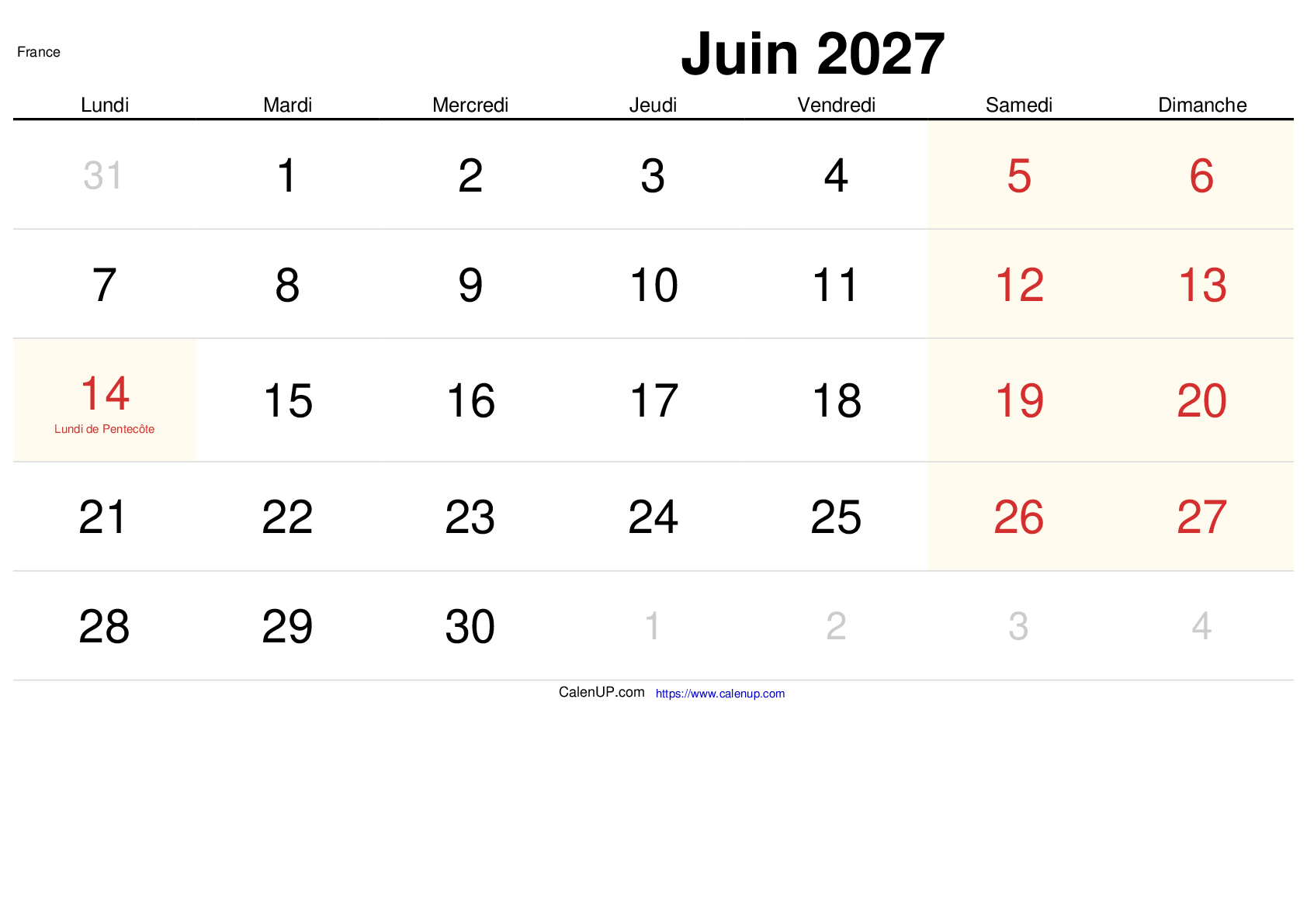 Calendrier Juin 2027