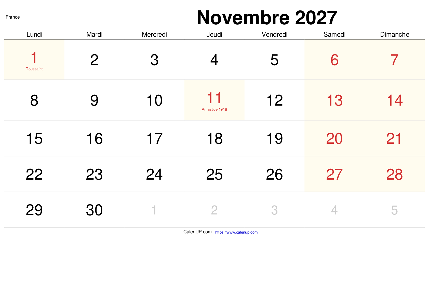 Calendrier Novembre 2027