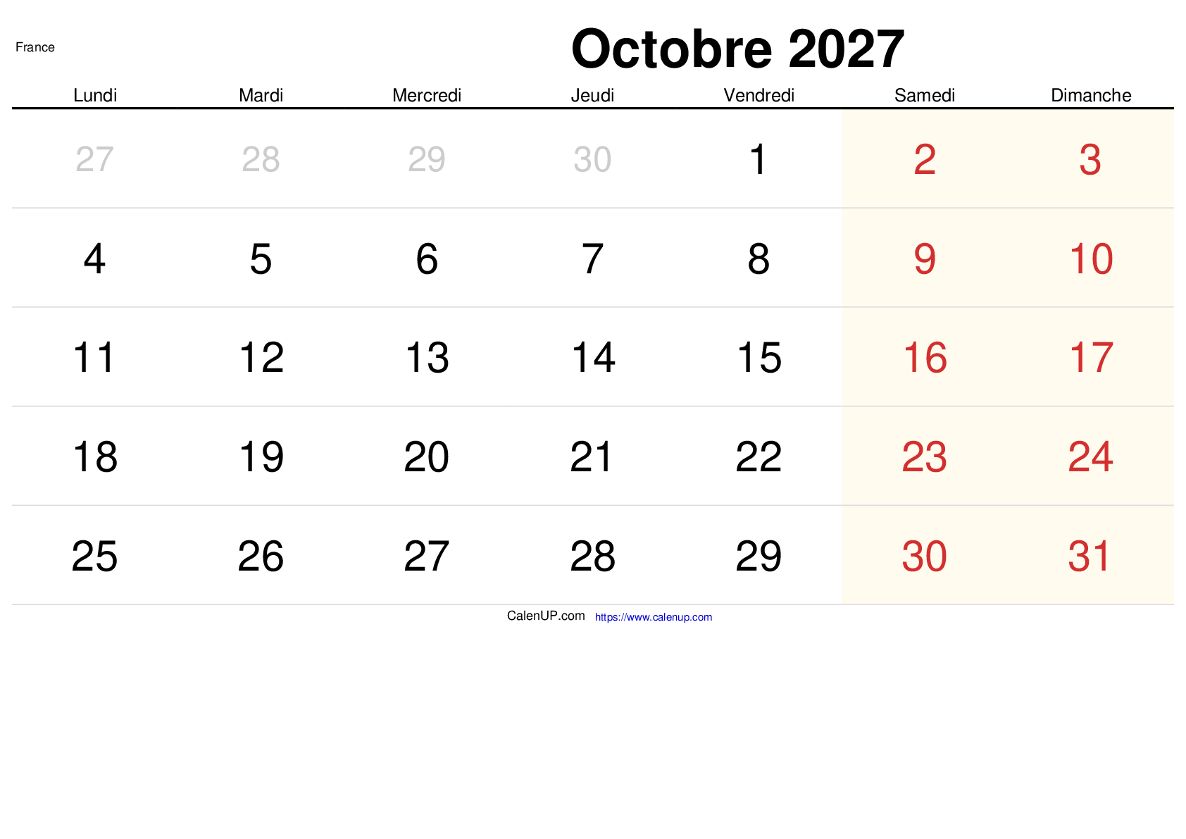 Calendrier Octobre 2027