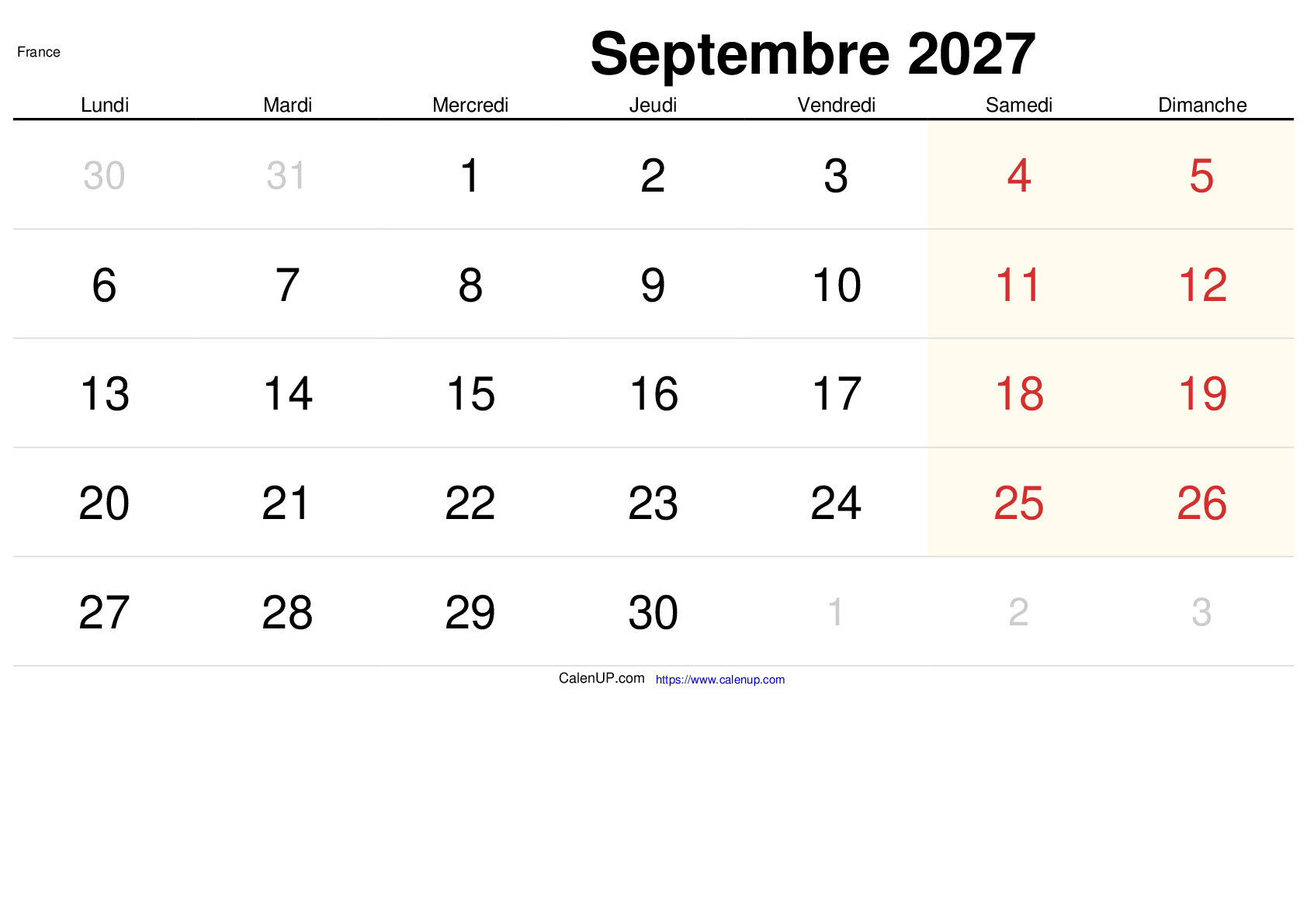 Calendrier Septembre 2027