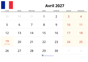 Calendrier Avril 2027