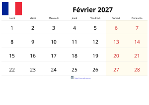 Calendrier Février 2027