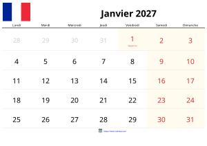 Calendrier Janvier 2027