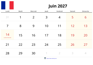 Calendrier Juin 2027