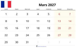 Calendrier Mars 2027