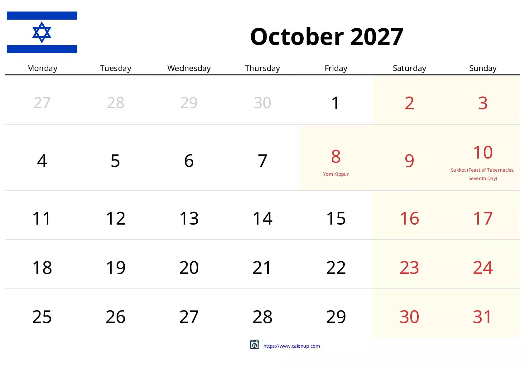 October 2027 Calendar for Israel - Holidays and Free Printable PDF | CalenUP