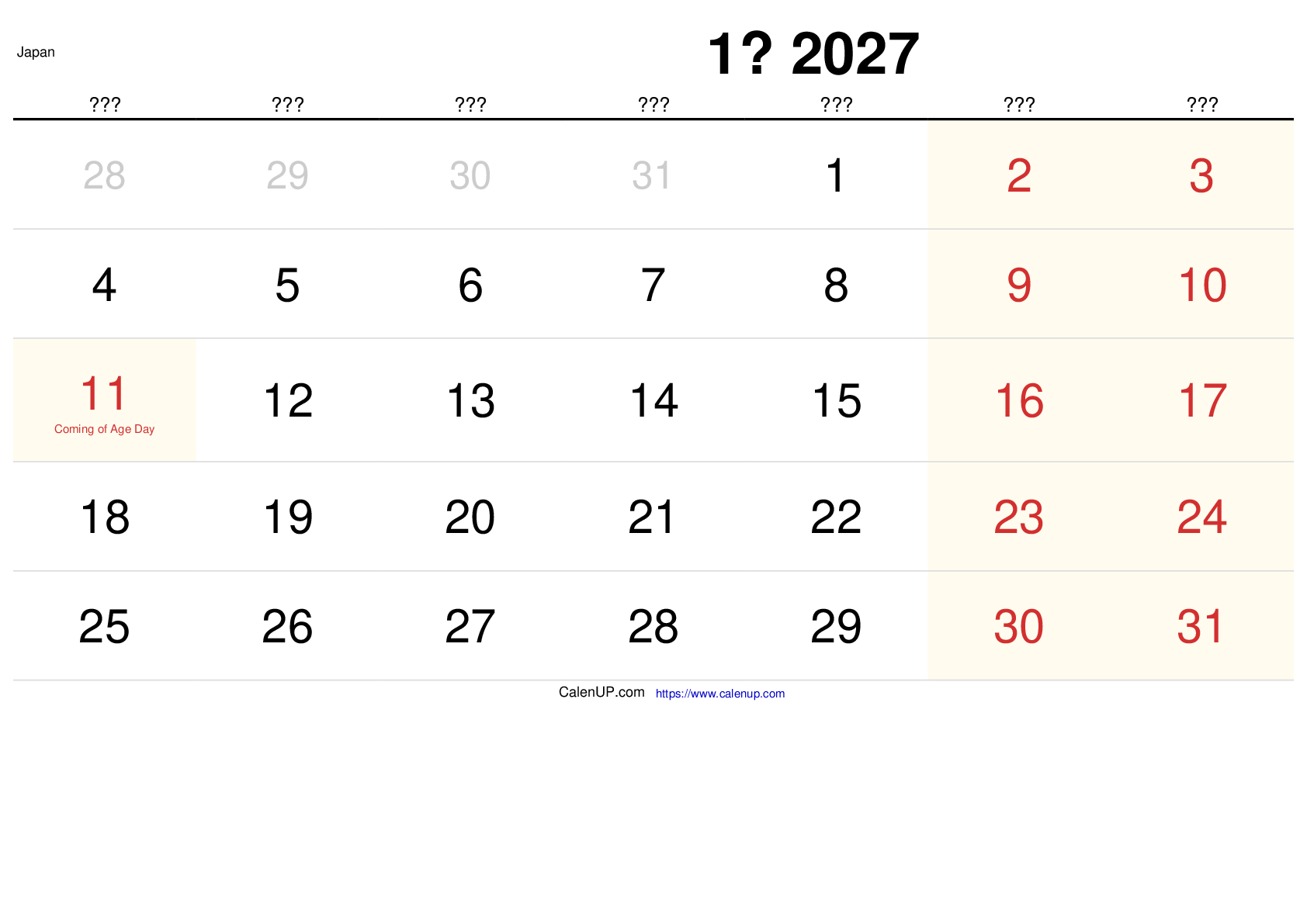 Januar 2027 Kalender