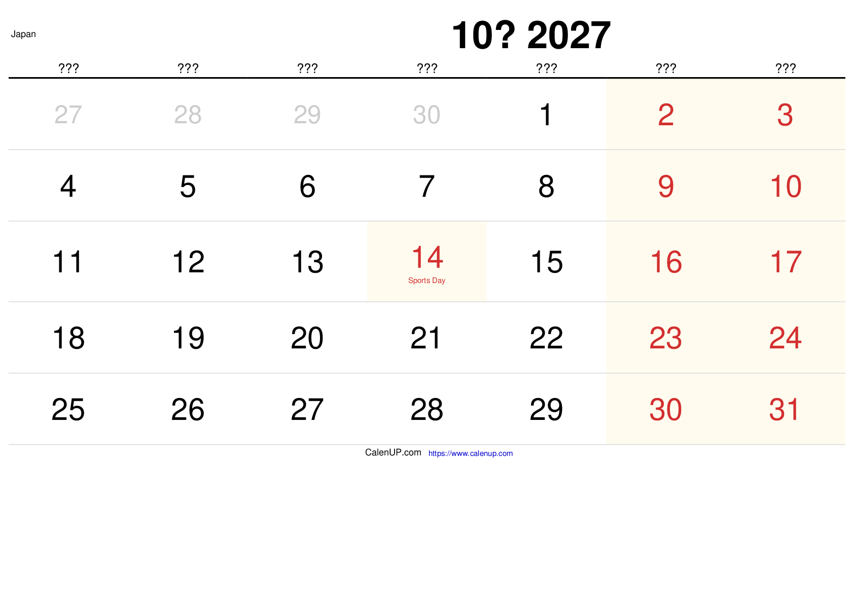 Oktober 2027 Kalender