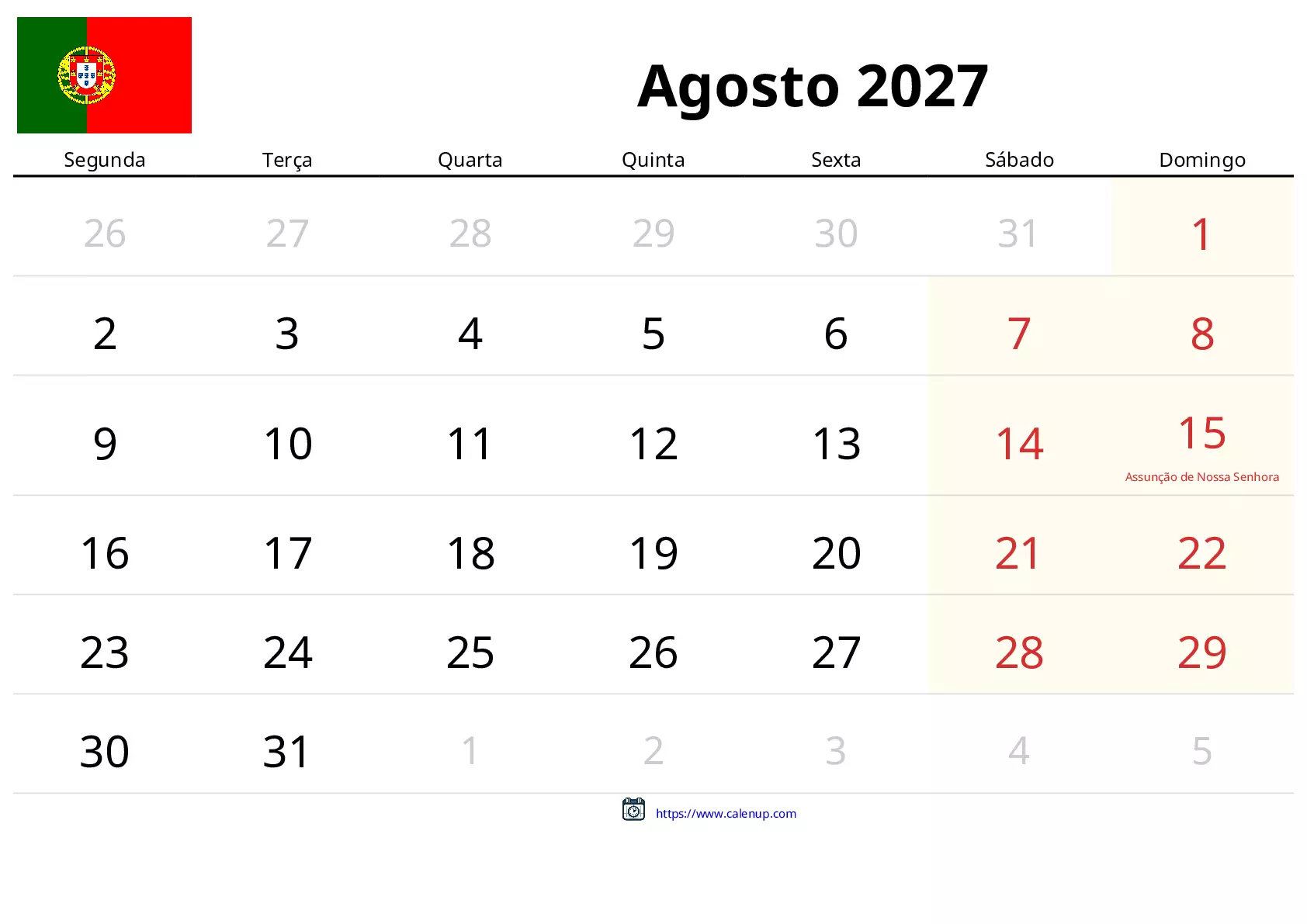Calendário de Agosto de 2027 para Portugal - Feriados e PDF Grátis para ...