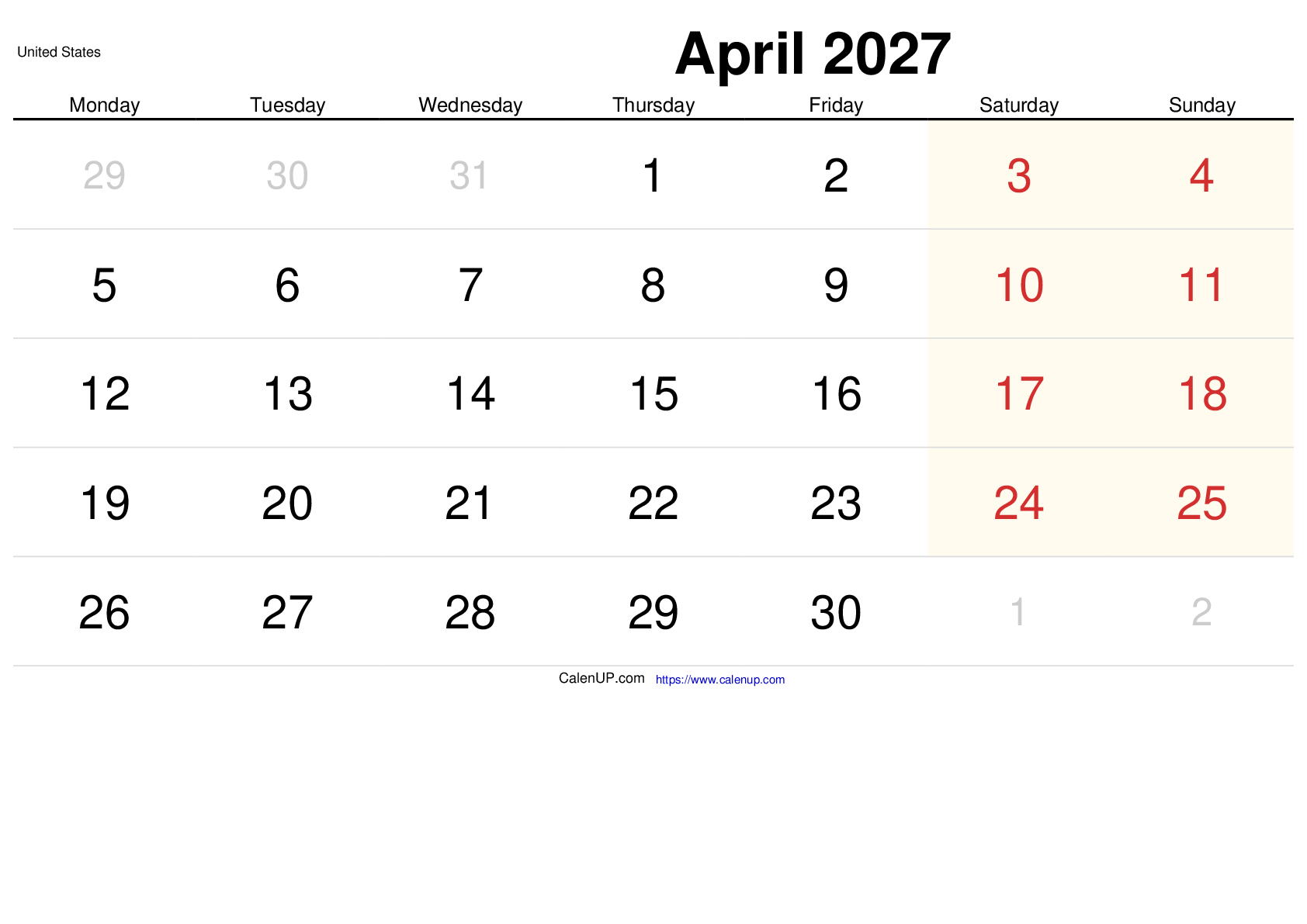 April 2027 Calendar