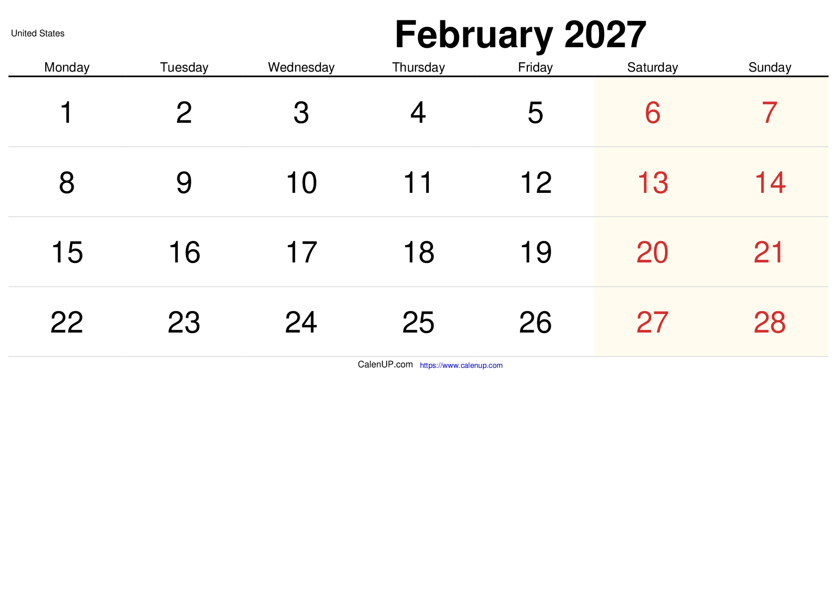 February 2027 Calendar