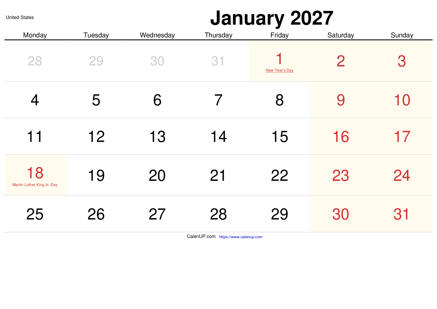 January 2027 Calendar