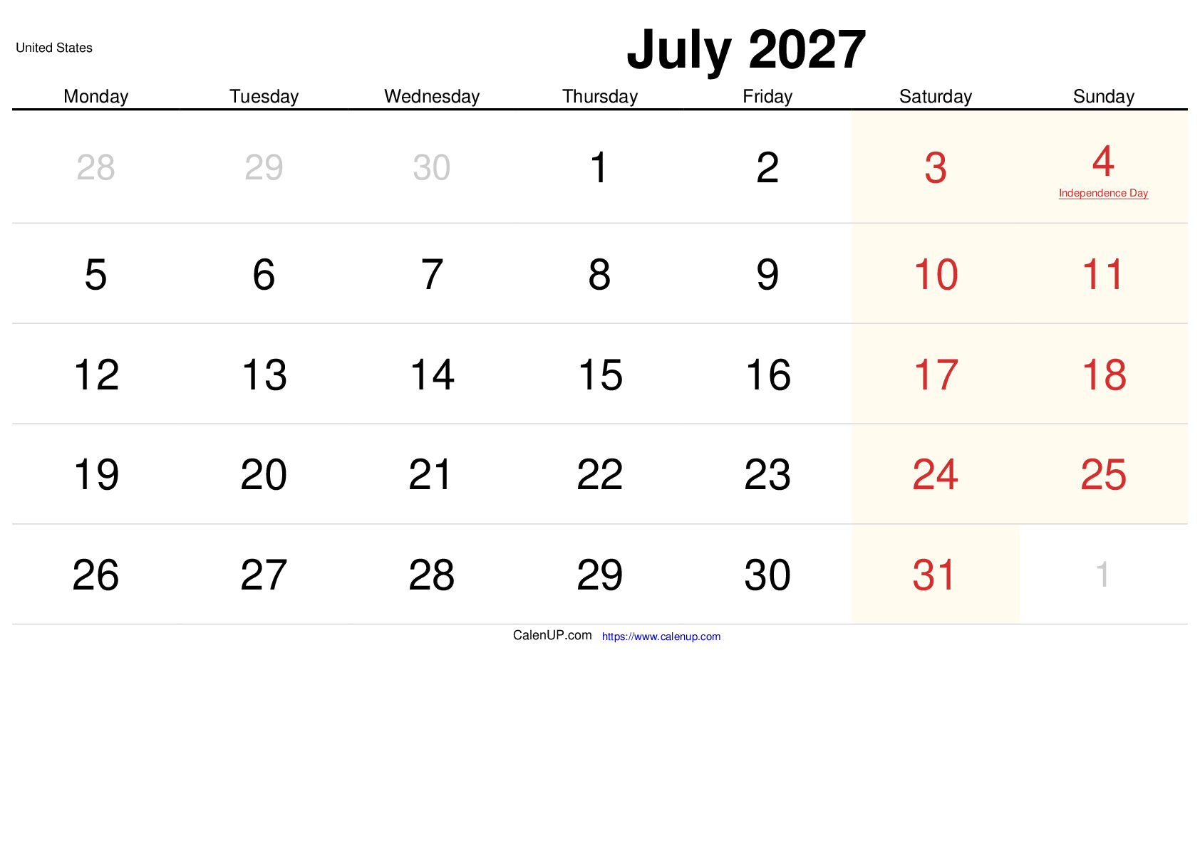 July 2027 Calendar