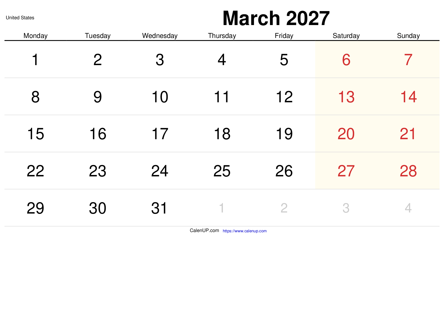 March 2027 Calendar