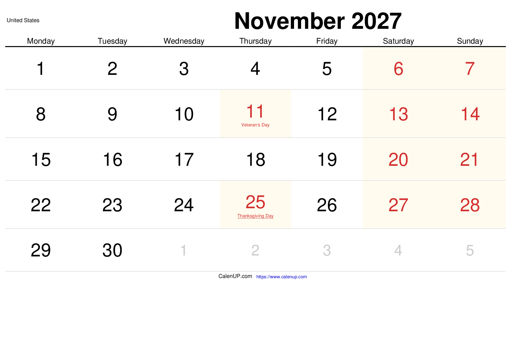 November 2027 Calendar