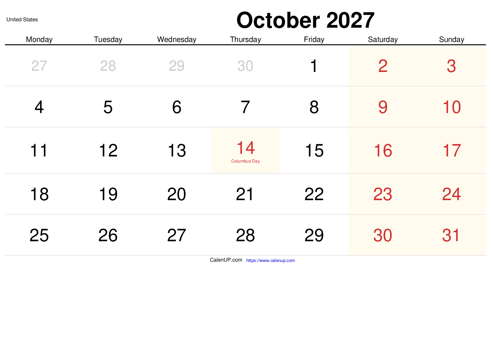 October 2027 Calendar