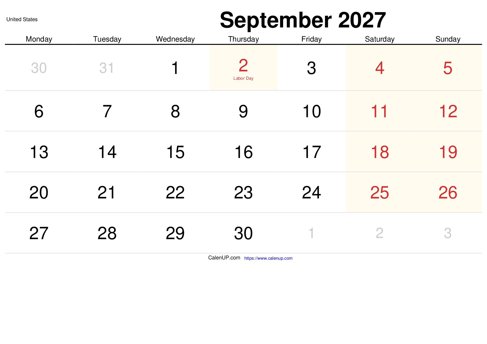 September 2027 Calendar