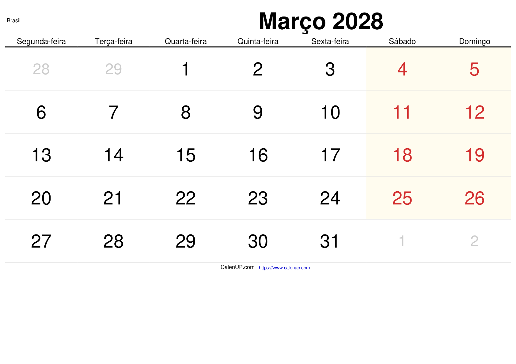 Mars 2028 Kalender