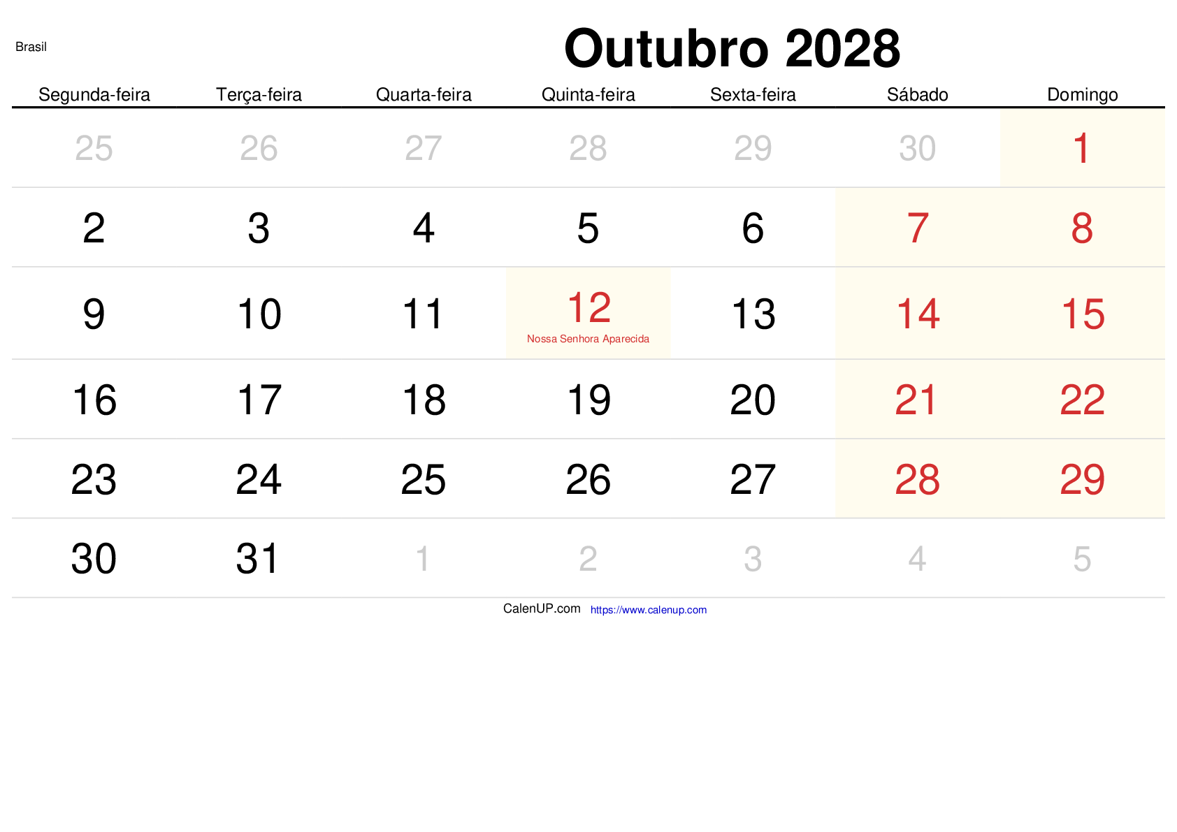 Oktober 2028 Kalender