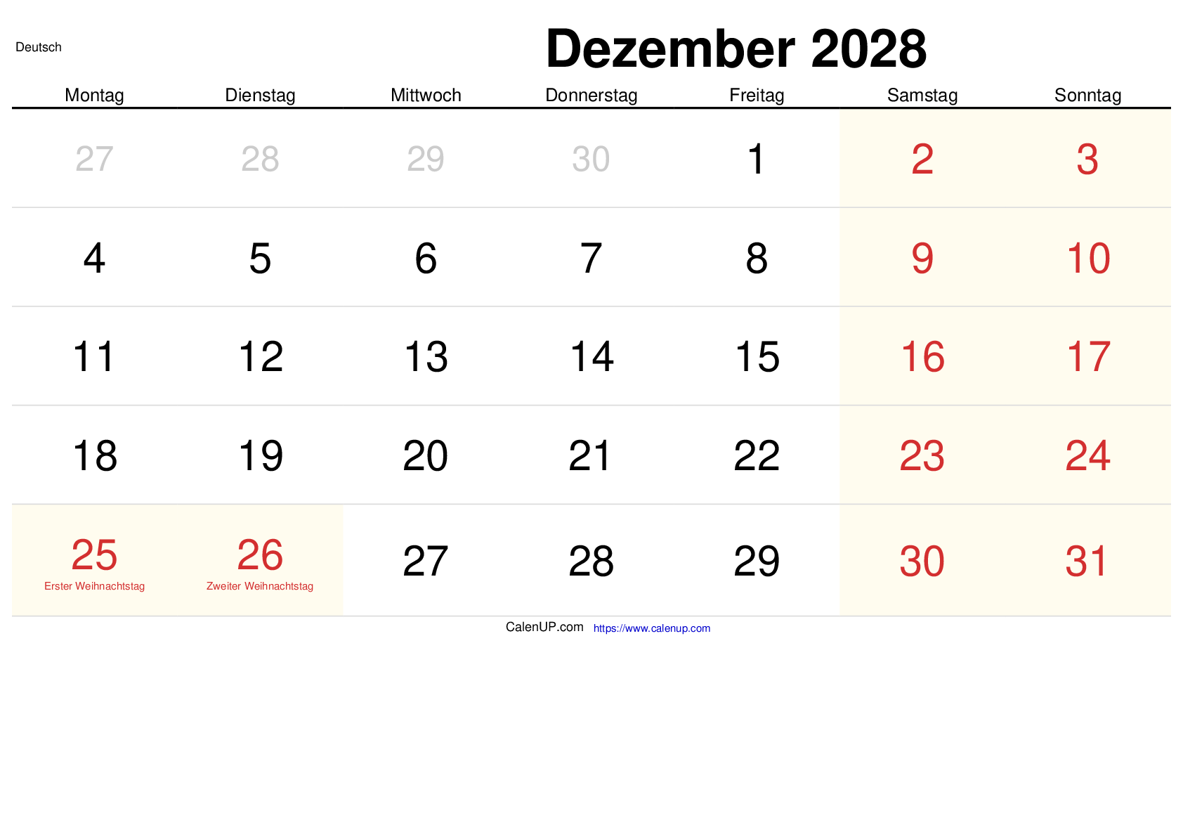 Dezember 2028 Kalender