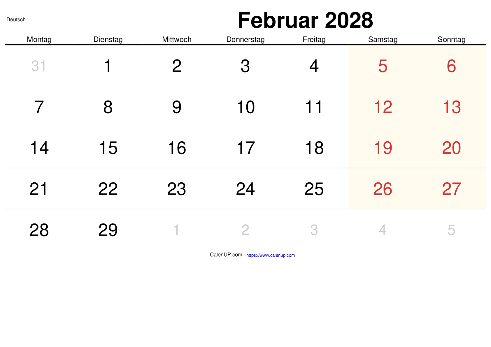 Februar 2028 Kalender