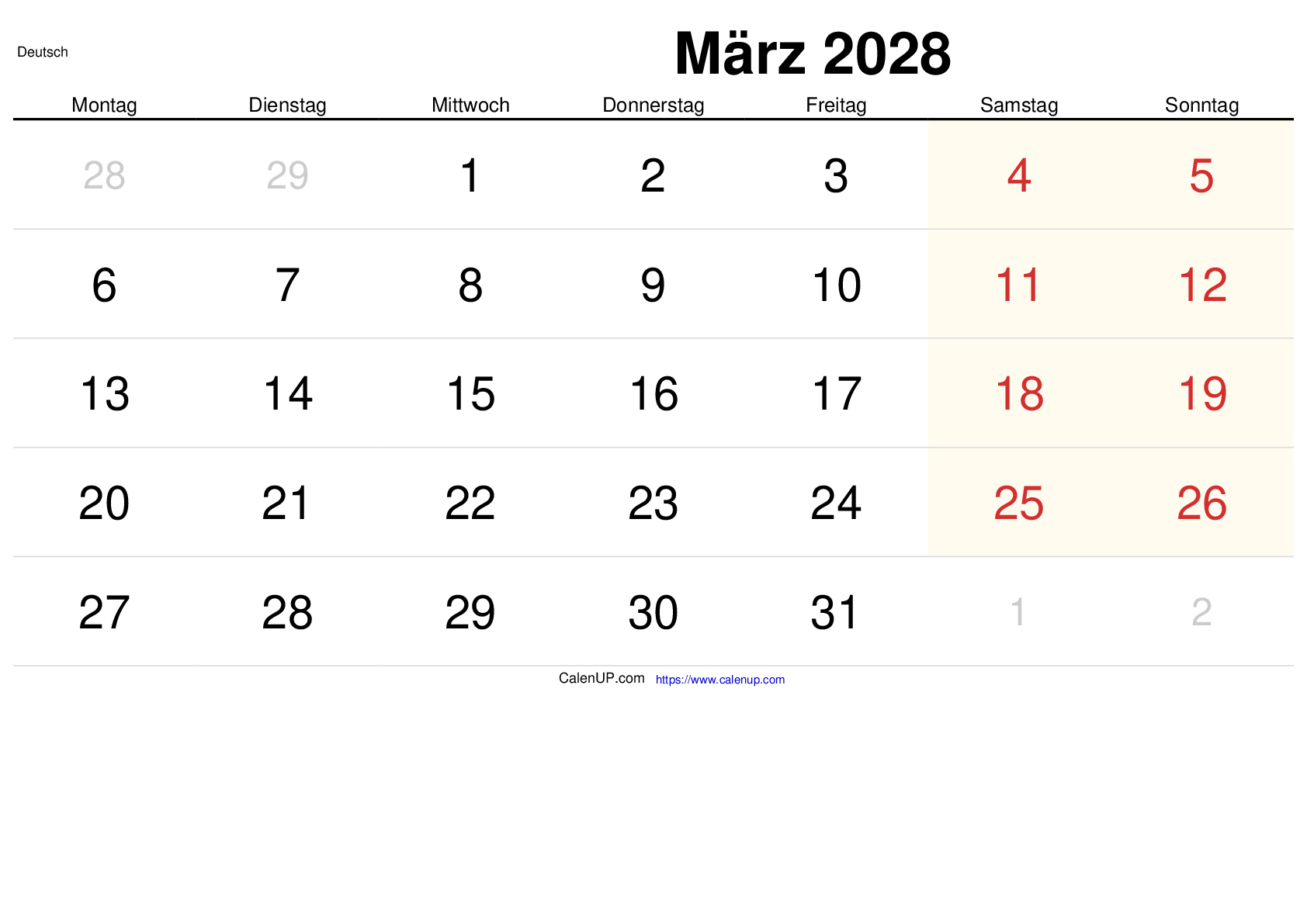 März 2028 Kalender