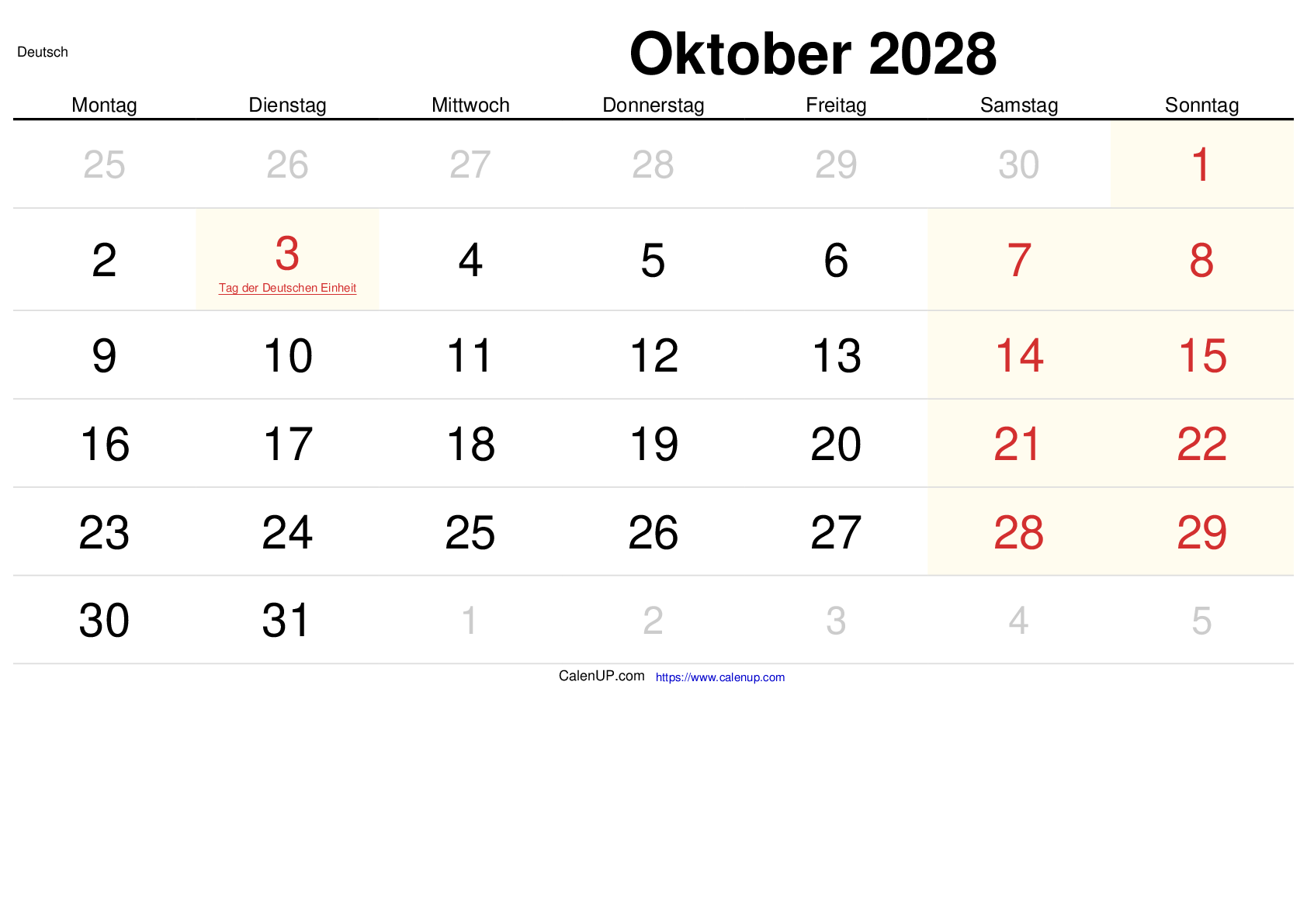 Oktober 2028 Kalender