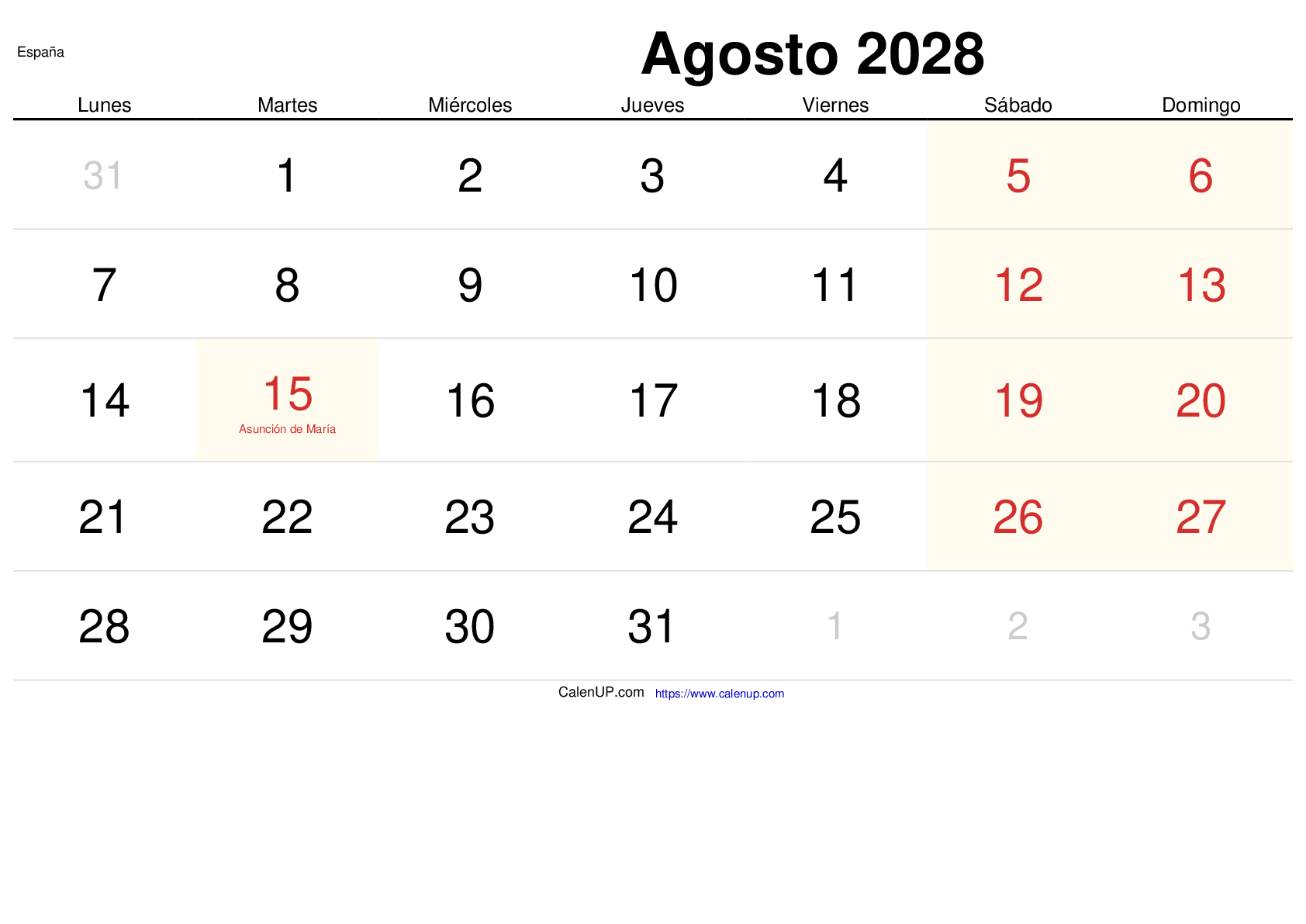 Calendrier Août 2028