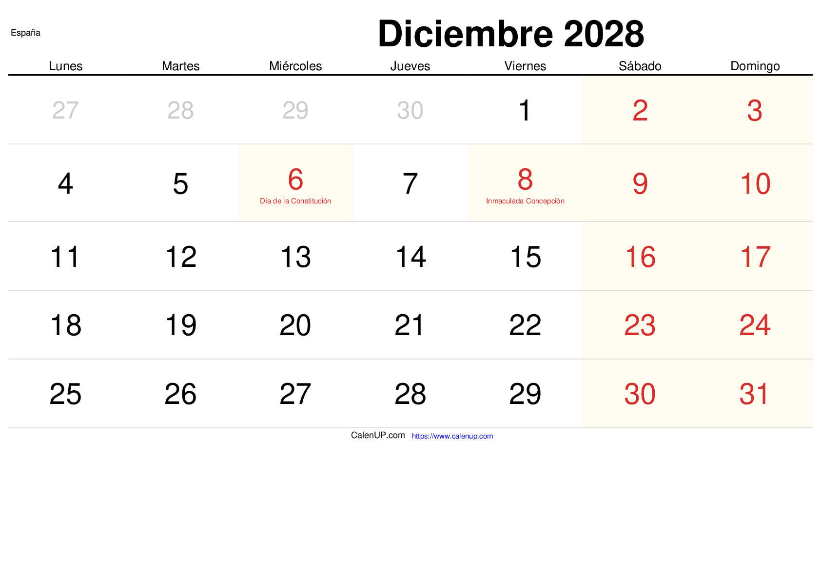 Calendrier Décembre 2028